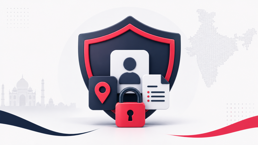 Security shield protecting personal-data icons, representing India's Digital Personal Data Protection Act