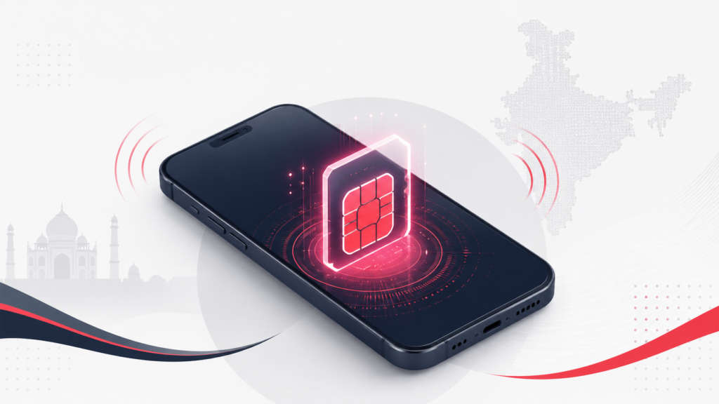 Smartphone displaying a glowing embedded SIM chip, representing eSIM technology in India