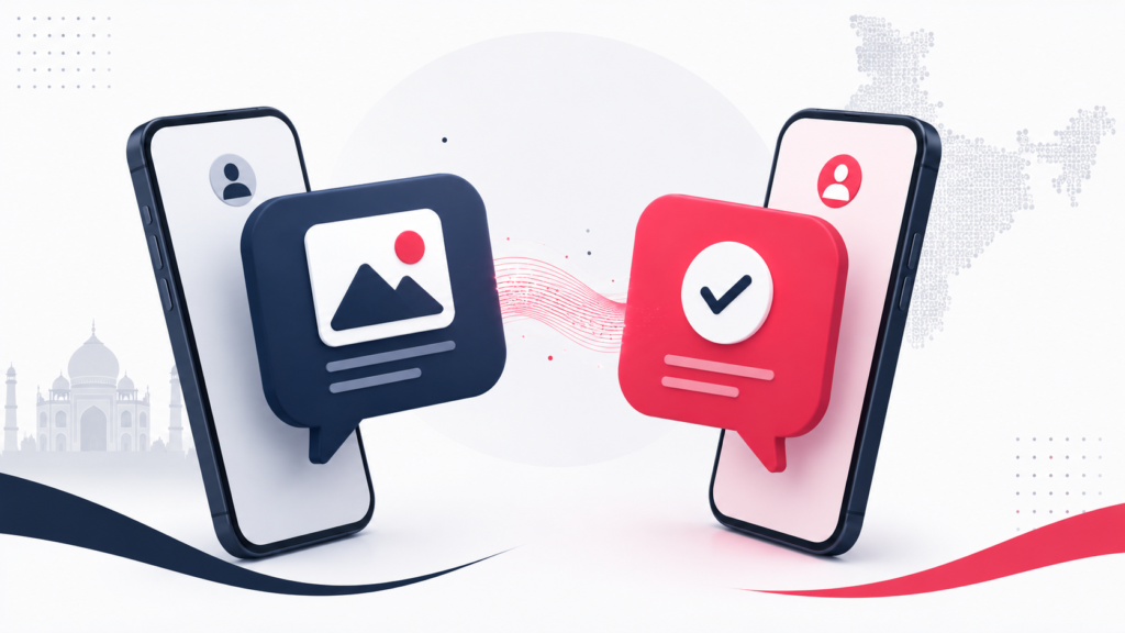 Two smartphones exchanging rich message bubbles with photo and read-receipt icons, representing RCS messaging