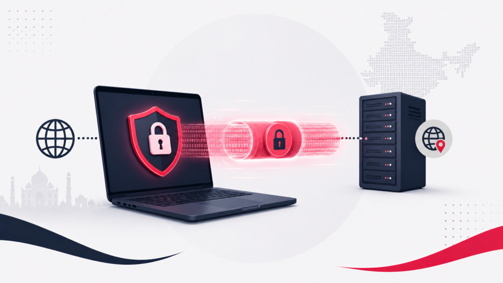 A laptop connected through an encrypted tunnel to a server, representing how a VPN works