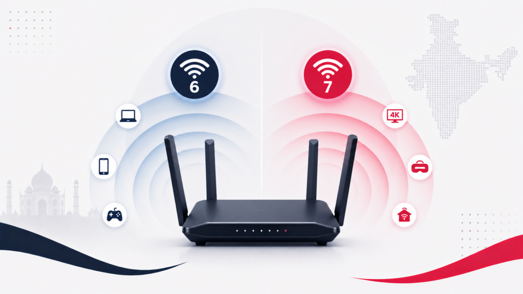 A Wi-Fi router emitting two sets of signal waves compared side by side, representing Wi-Fi 6 versus Wi-Fi 7